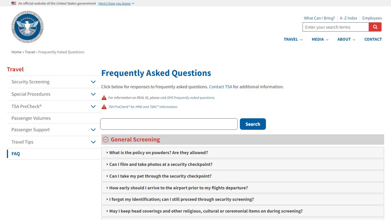 Frequently Asked Questions - Transportation Security Administration